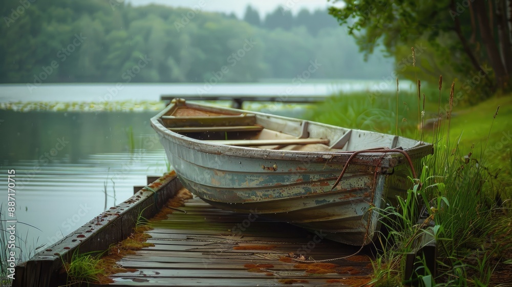 Aged boat near wooden dock blurry lake backdrop Aged boat near wooden dock blurry lake backdrop