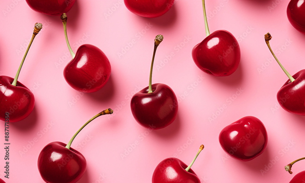 Flat lay of cherries on a pink background Flat lay of cherries on a pink background