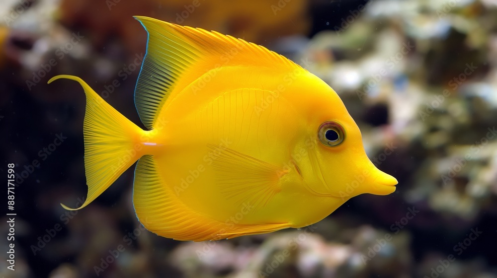 A yellow aquarium fish, specifically a yellow Tang, swims gracefully in its aquatic habitat. The beauty of the yellow Tang in an aquarium. A yellow aquarium fish, specifically a yellow Tang, swims gracefully in its aquatic habitat. The beauty of the yellow Tang in an aquarium.