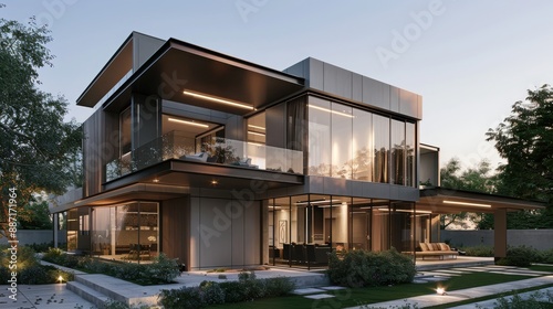 A large, modern house with a large glass front door and a large glass window