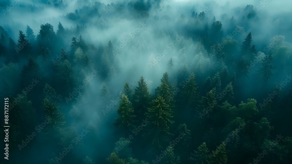Aerial view of deep fog forest at sunrise with pine tree Aerial view of deep fog forest at sunrise with pine tree
