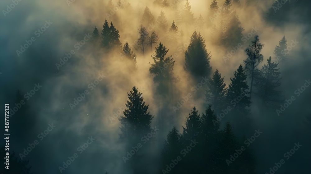 Obraz premium Aerial view of deep fog forest at sunrise