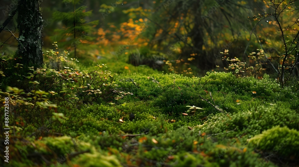 Boreal forest floor with mossy ground and warm autumnal light Boreal forest floor with mossy ground and warm autumnal light