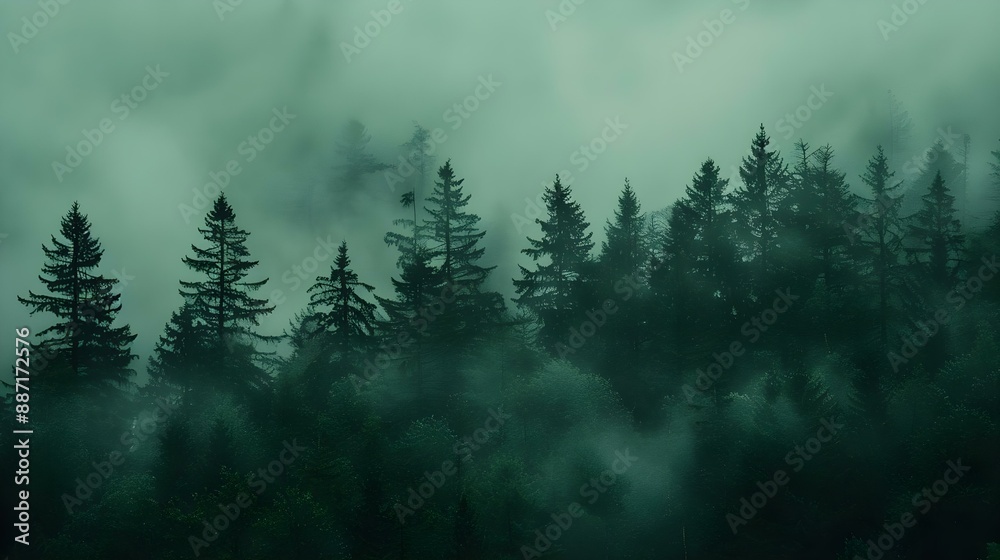 Tree silhouettes in dark green foggy forest Tree silhouettes in dark green foggy forest
