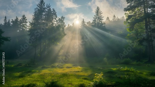 Sunrays over a green forest in summer