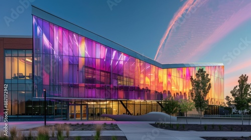 A building with a large window that is lit up with a rainbow of colors