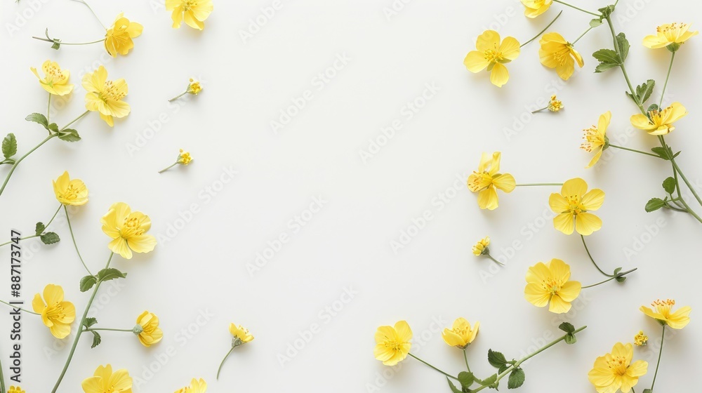 Yellow flowers on white background for spring and Easter theme with flat lay style top view and room for text Yellow flowers on white background for spring and Easter theme with flat lay style top view and room for text