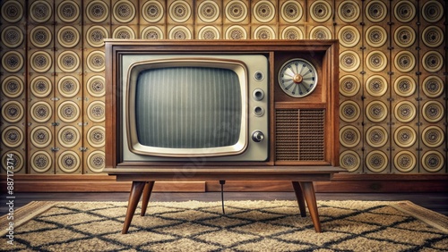 Vintage wooden television set with rounded screen and chunky buttons, ornate details, and retro-style antennas, situated on a worn, patterned carpeted floor. photo