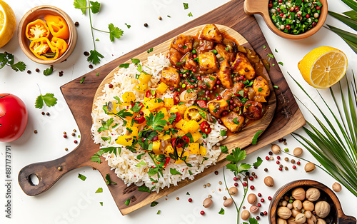 Board and plate of tasty Kafuli with on white background. photo