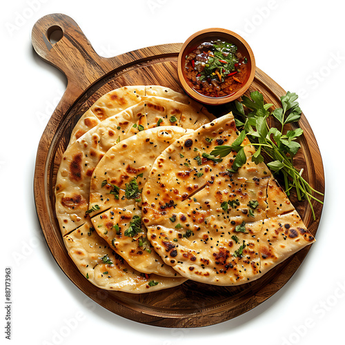 Board and plate of tasty Khakra with on white background. photo