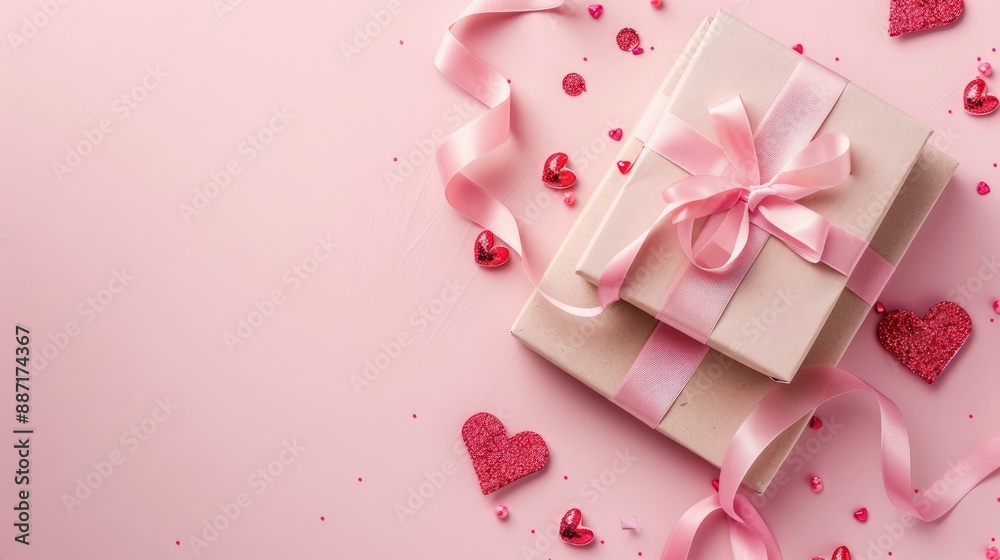 Valentine s Day theme with gift box pink ribbon and pastel pink background in top view composition Valentine s Day theme with gift box pink ribbon and pastel pink background in top view composition