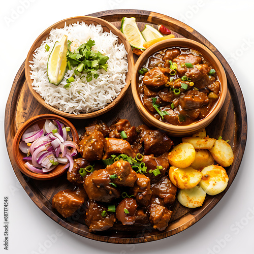 Board and plate of tasty Kosha Mangsho with on white background. photo