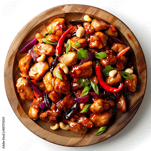 Board and plate of tasty Kung Pao chicken with on white background.