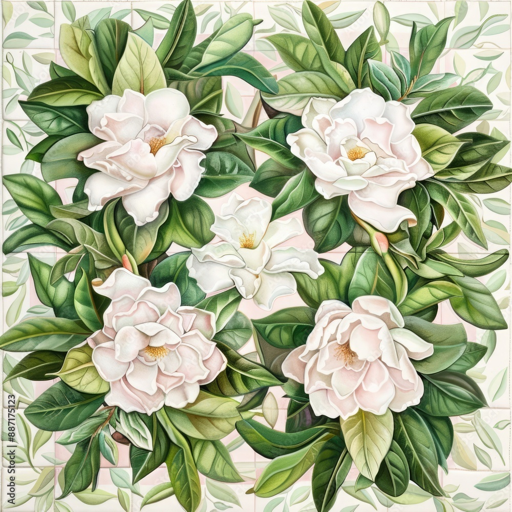 A painting of a flower garden with five white flowers A painting of a flower garden with five white flowers