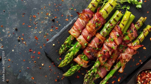 Grilled green asparagus wrapped with bacon Ketogenic diet Healthy food diet menu Top view overhead banner photo