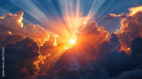 A stunning sunset scene with the sun s rays shining through a dark blue cloud