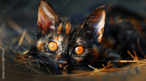 Funny tortoiseshell kitten with beautiful bright orange eyes Tortoiseshell is a genetic trait that is inherited and is determined by a certain combination of chromosomes photo