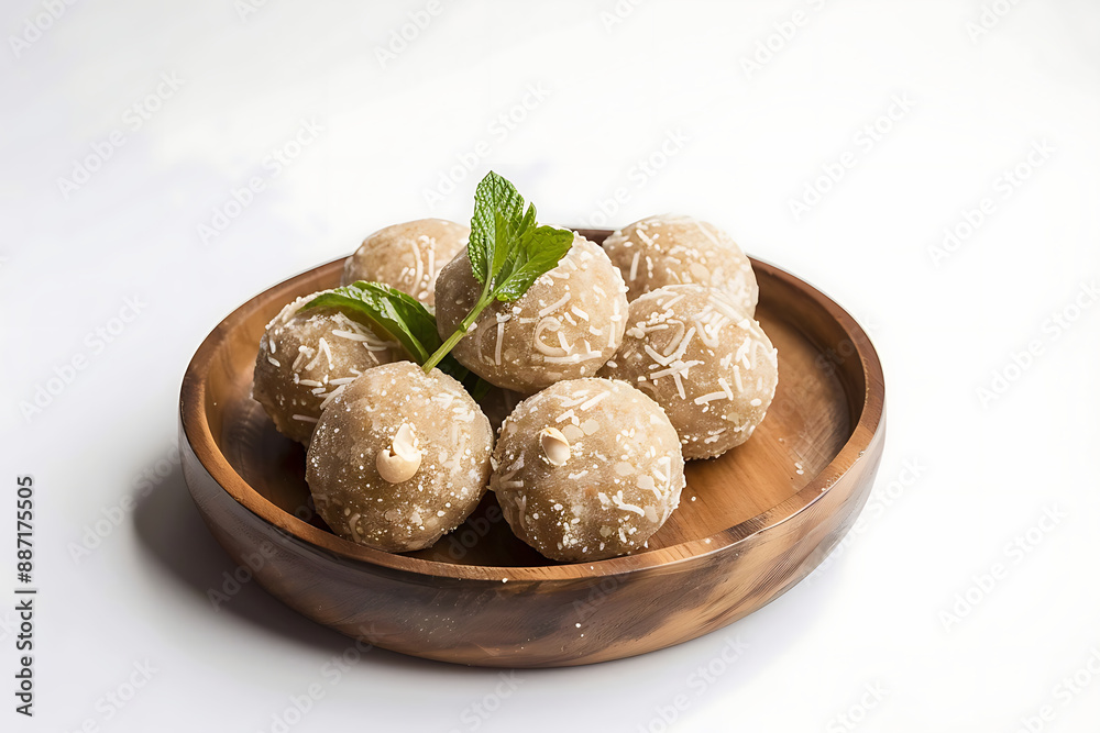 Board and plate of tasty Laddu with on white background. Board and plate of tasty Laddu with on white background.