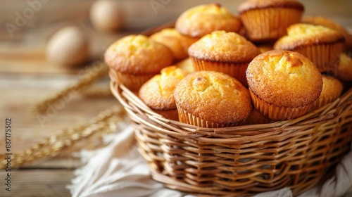A wicker basket filled with corn muffins from a high angle