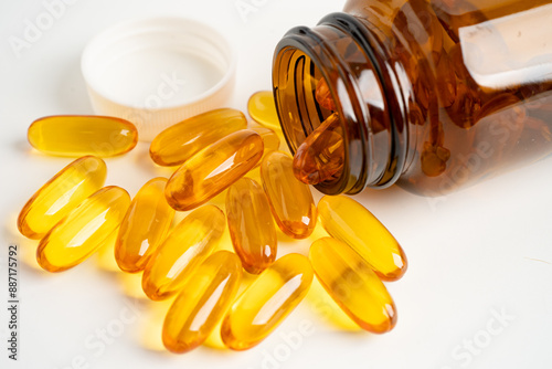 Fish oil Omega 3 capsules vitamin with EPA and DHA isolated on white background.