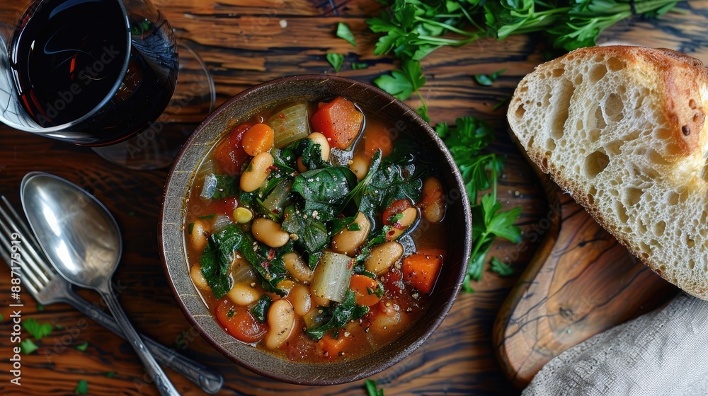 Homemade Ribollita tuscan bean soup with light rye ciabatta top view