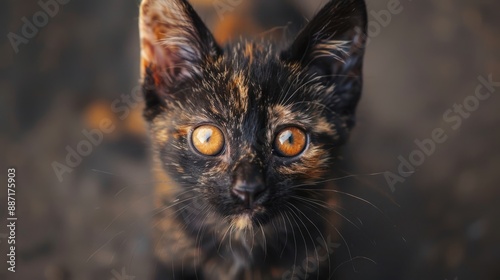 Funny tortoiseshell kitten with beautiful bright orange eyes Tortoiseshell is a genetic trait that is inherited and is determined by a certain combination of chromosomes