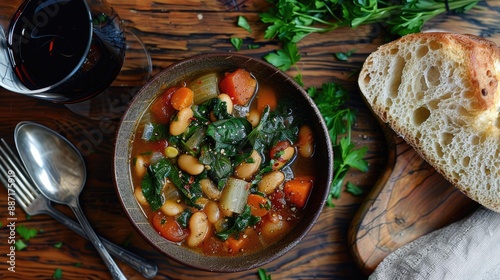 Obraz na płótnie Homemade Ribollita tuscan bean soup with light rye ciabatta top view w salonie