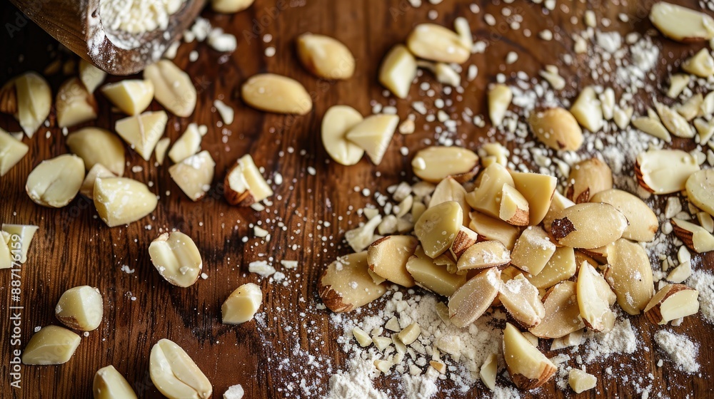 Almond slices on wood counter Almond slices on wood counter