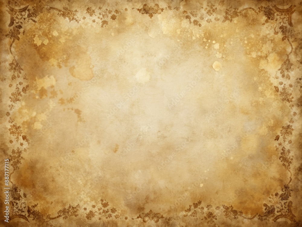 Weathered old brown paper parchment background features distressed vintage stains, ink spatter, and a faded shabby white center, evoking an elegant antique beige charm. Weathered old brown paper parchment background features distressed vintage stains, ink spatter, and a faded shabby white center, evoking an elegant antique beige charm.