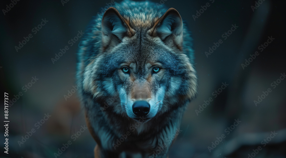 Fototapeta premium Mystical White Wolf with Glowing Eyes in Dark Forest at Night 
