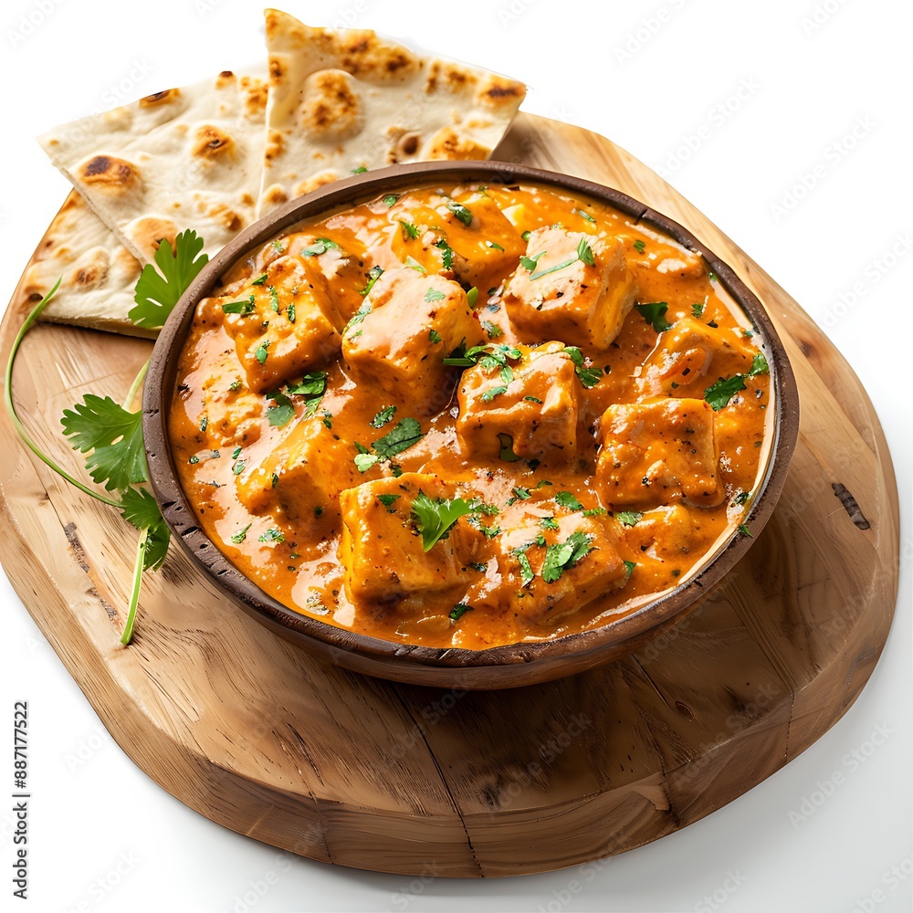 Board and plate of tasty Paneer Butter Masala with on white background.
