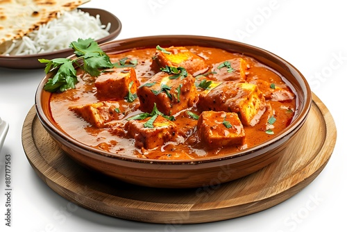 Board and plate of tasty Paneer Butter Masala with on white background. photo