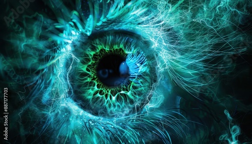 Abstract Eye with Blue and Green Glowing Lines.