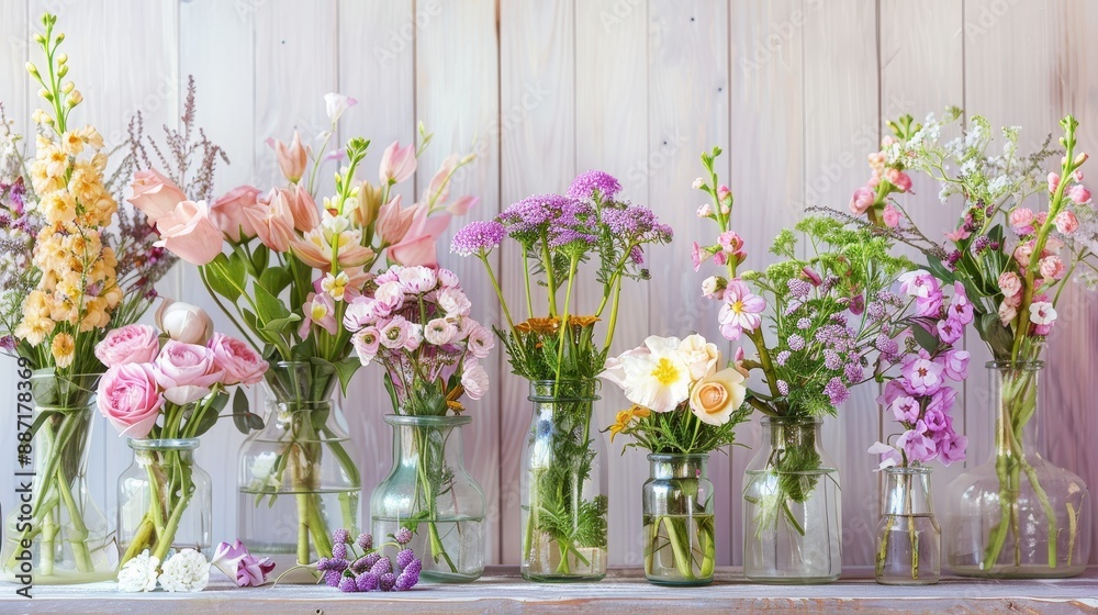 Fototapeta premium Assortment of flowers in vintage glass bottles on a wooden table.
