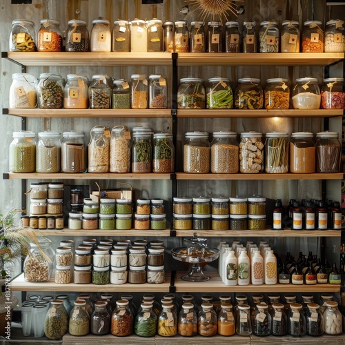 Assortment of Glass Jars on Shelves.