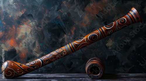 Australian Didgeridoo on Rustic Wood Background.