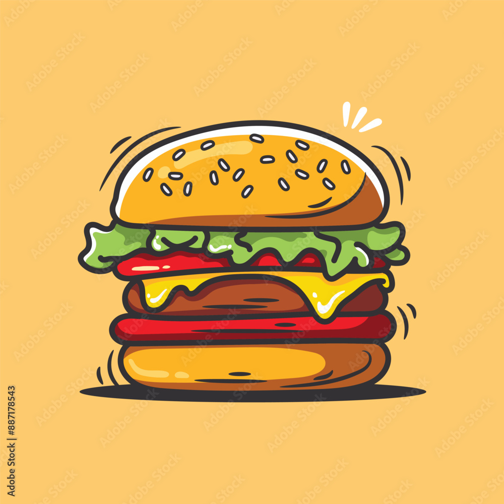Hamburger vector illustration. Hand drawn fast food icon isolated on yellow background. Hamburger vector illustration. Hand drawn fast food icon isolated on yellow background.