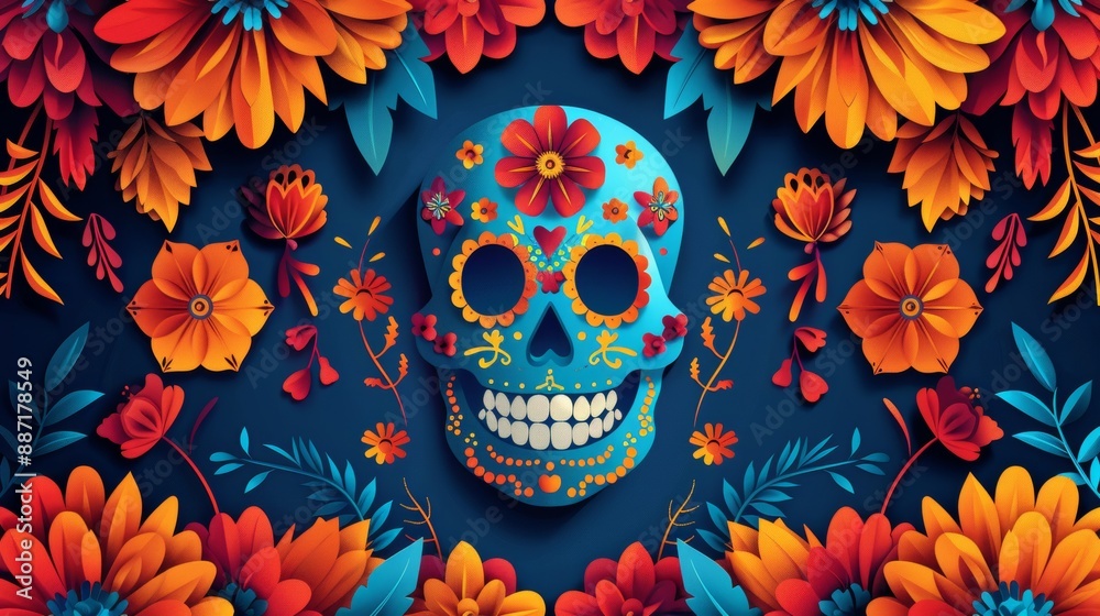 ** Dia de los Muertos Poster: Skeleton in Sombrero Playing Guitar with Marigold Petals, Papel Picado, Candles, and Sugar Skulls on Purple Background..** ** Dia de los Muertos Poster: Skeleton in Sombrero Playing Guitar with Marigold Petals, Papel Picado, Candles, and Sugar Skulls on Purple Background..**
