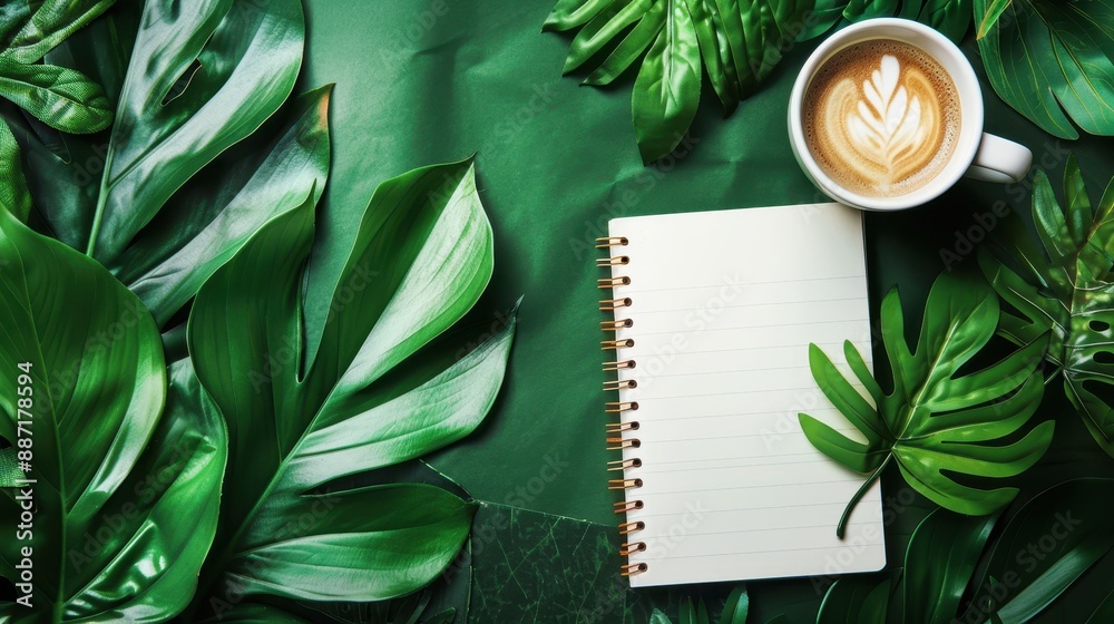 Blank Notebook, Coffee Cup, Tropical Leaves, Green Background. Blank Notebook, Coffee Cup, Tropical Leaves, Green Background.