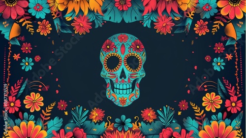 Dia de los Muertos Poster with Skeleton in Sombrero Playing Guitar, Marigold Petals, Papel Picado, Candles, and Sugar Skulls