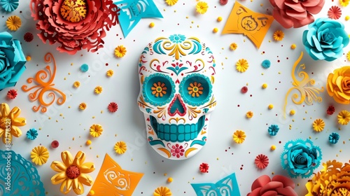 Dia de los Muertos Poster: Skeleton in Sombrero Playing Guitar with Marigold Petals, Papel Picado, Candles, and Sugar Skulls on Purple Background