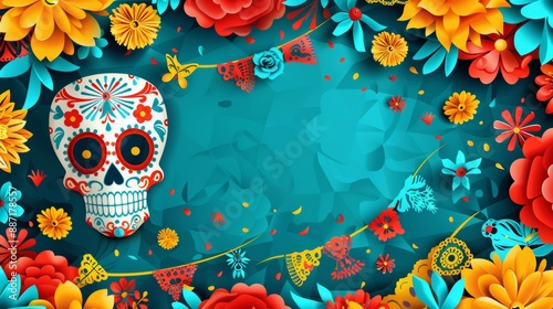 Dia de los Muertos Celebration Poster with Skeleton in Sombrero Playing Guitar, Marigold Petals, Papel Picado, Candles, and Sugar Skulls