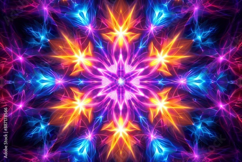 Kaleidoscopic starburst of vibrant colors and geometric patterns.