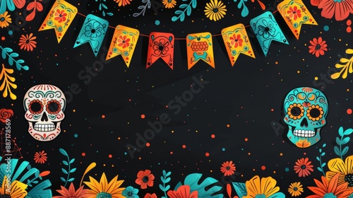 Dia de los Muertos Poster with Skeleton in Sombrero Playing Guitar, Marigold Petals, Papel Picado, Candles, and Sugar Skulls on Purple Background
