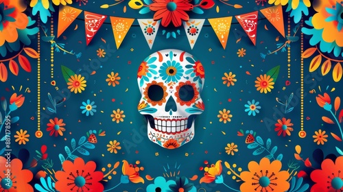 Dia de los Muertos Poster: Skeleton in Sombrero Playing Guitar with Marigold Petals, Papel Picado, Candles, and Sugar Skulls on Purple Background