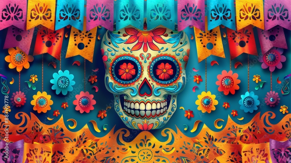 Fototapeta premium Dia de los Muertos Poster with Skeleton in Sombrero Playing Guitar, Marigold Petals, Papel Picado, Candles, and Sugar Skulls