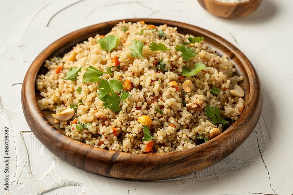 Board and plate of tasty Quinoa Pulao with on white background. Board and plate of tasty Quinoa Pulao with on white background.