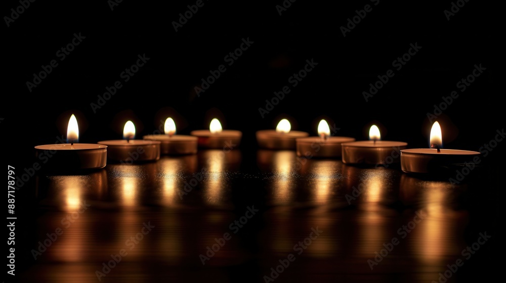 Burning candles with reflections on dark background. Burning candles with reflections on dark background.