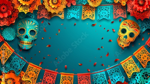 Dia de los Muertos Poster: Skeleton in Sombrero Playing Guitar with Marigold Petals, Papel Picado, Candle, and Sugar Skulls on Purple Background