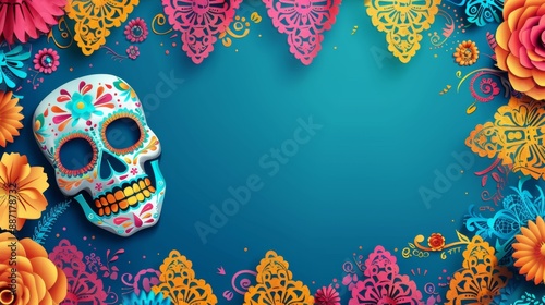 Dia de los Muertos Poster with Skeleton in Sombrero Playing Guitar, Marigold Petals, Papel Picado, Candles, and Sugar Skulls on Purple Background